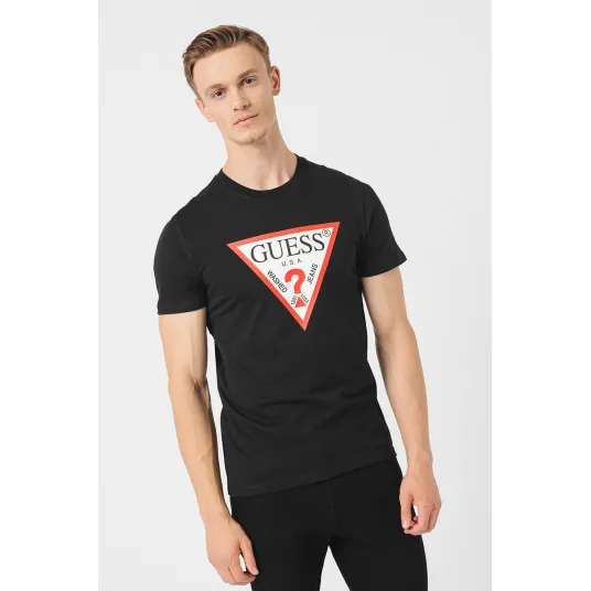 GUESS JEANS, Tricou cu decolteu la baza gatului si imprimeu logo, Rosu, Negru, Alb, L