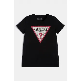 GUESS JEANS, Tricou cu imprimeu logo si strasuri, Negru, 140-146 CM
