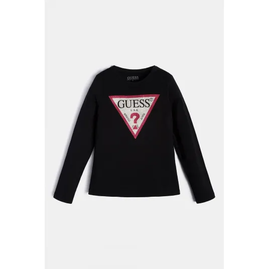 GUESS KIDS, Bluza cu imprimeu logo si strasuri, Negru, 124-130 CM