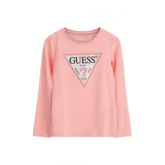 GUESS KIDS, Bluza cu imprimeu logo si strasuri, Roz somon, 152-158 CM