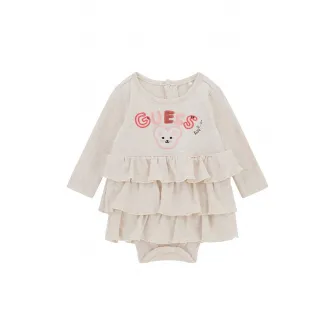GUESS KIDS, Body cu garnituri cu volane si maneci lungi, Rosu, Roz prafuit, Bej deschis, 54-60 CM