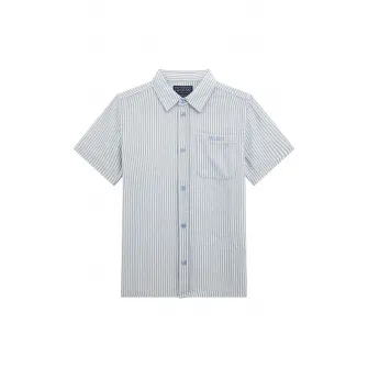 Guess Kids, Camasa din amestec de in cu model in dungi, Alb, Albastru lavanda, 135-139 CM
