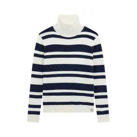 GUESS KIDS, Pulover cu dungi si guler inalt, Alb fildes, Bleumarin, 136-146 CM
