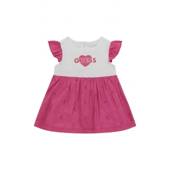 Guess Kids, Rochie evazata cu logo, Alb, Roz inchis, 55-62 CM