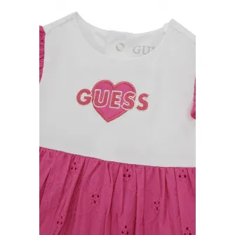 Guess Kids, Rochie evazata cu logo, Alb, Roz inchis, 55-62 CM