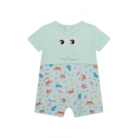 GUESS KIDS, Salopeta din amestec de bumbac cu design grafic, Verde pal, Albastru deschis, 55-62 CM