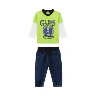 GUESS KIDS, Set de bluza cu imprimeu logo si blugi - 2 piese, Alb, Verde lime, Albastru, 54-60 CM