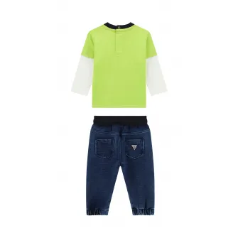 GUESS KIDS, Set de bluza cu imprimeu logo si blugi - 2 piese, Alb, Verde lime, Albastru, 54-60 CM