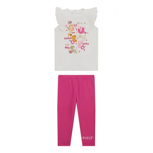 GUESS KIDS, Set de colanti cu model uni si tricou cu model - 2 Piese, Alb, Roz, 54-60 CM