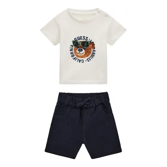 GUESS KIDS, Set de pantaloni scurti si tricou din bumbac cu logo - 2 piese, Crem, Bleumarin, 54-60 CM