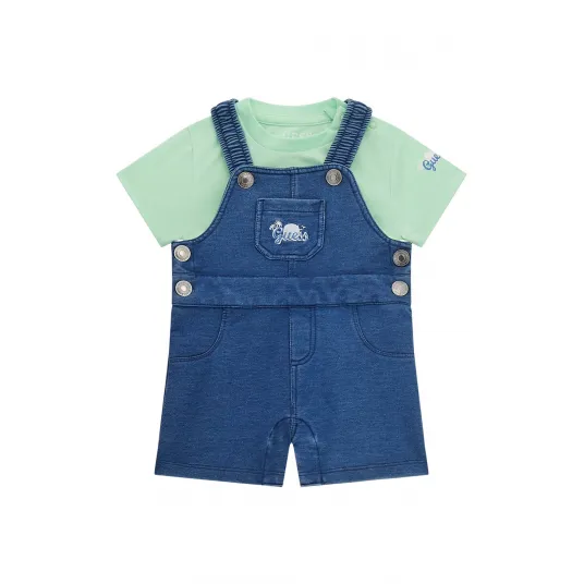 GUESS KIDS, Set de tricou si salopeta din bumbac - 2 Piese, Verde deschis, Albastru, 55-62 CM