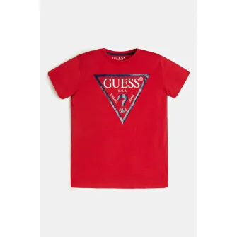 GUESS KIDS, Tricou de bumbac organic cu imprimeu logo, Rosu, 140-146 CM