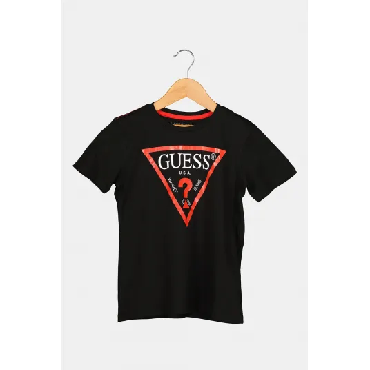 GUESS KIDS, Tricou de bumbac organic cu imprimeu logo, Rosu, Negru, 140-146 CM