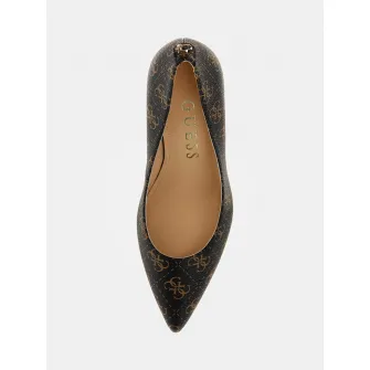 Guess, Pantofi cu varf ascutit si model logo Rica, Maro inchis, Maro Ocru, 40