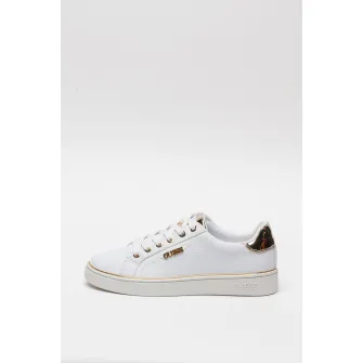 Guess, Pantofi sport de piele ecologica, cu monograma, Alb/Auriu, 36