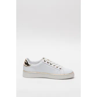 Guess, Pantofi sport de piele ecologica, cu monograma, Alb/Auriu, 38
