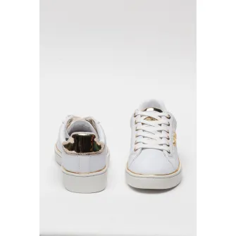 Guess, Pantofi sport de piele ecologica, cu monograma, Alb/Auriu, 38