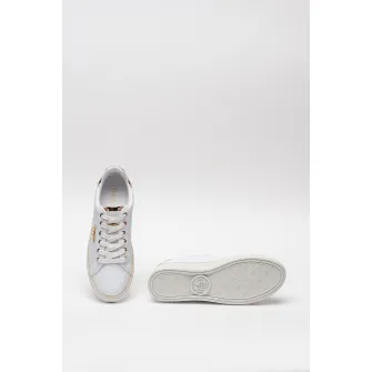 Guess, Pantofi sport de piele ecologica, cu monograma, Alb/Auriu, 38