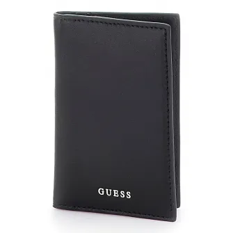 GUESS, Portcart de piele cu logo, Negru
