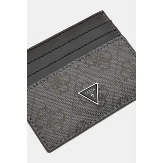 GUESS, Portcart din piele cu model monograma, Negru, Gri inchis