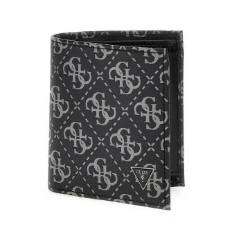 GUESS, Portofel pliabil de piele cu model monograma, Negru, Gri cenusiu