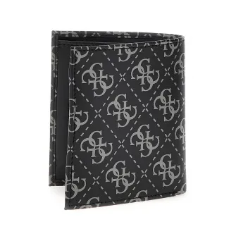 GUESS, Portofel pliabil de piele cu model monograma, Negru, Gri cenusiu
