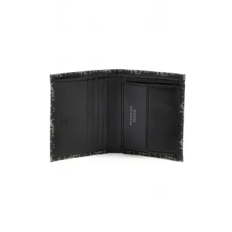 GUESS, Portofel pliabil de piele cu model monograma, Negru, Gri cenusiu