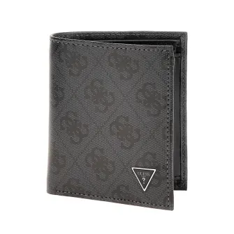 GUESS, Portofel pliabil de piele cu model monograma, Negru stins, Gri inchis