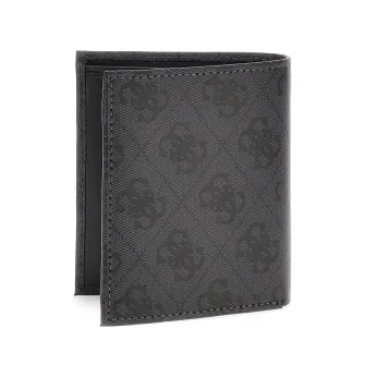 GUESS, Portofel pliabil de piele cu model monograma, Negru stins, Gri inchis