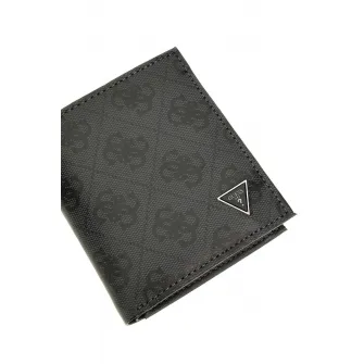 GUESS, Portofel pliabil de piele cu model monograma, Negru stins, Gri inchis
