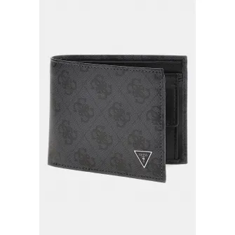Guess, Portofel pliabil din piele cu imprimeu logo, Negru, Gri carbune
