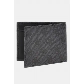 Guess, Portofel pliabil din piele cu imprimeu logo, Negru, Gri carbune