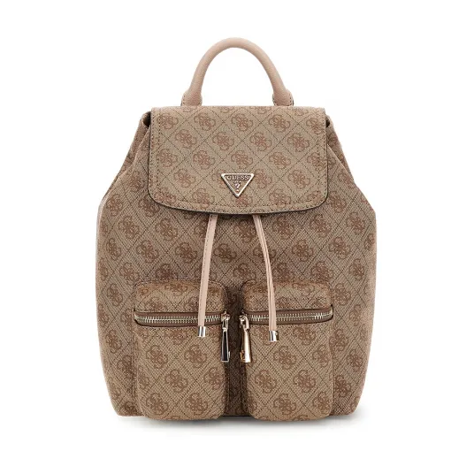 GUESS, Rucsac de piele ecologica cu monograma si bretele ajustabile, Maro deschis