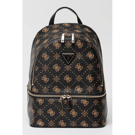 GUESS, Rucsac din piele ecologica cu model monograma si fermoar, Maro inchis, Bej