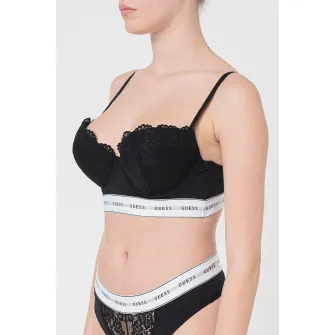 Guess, Sutien balconette cu insertii de dantela, Negru, Alb, 36B