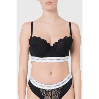 Guess, Sutien balconette cu insertii de dantela, Negru, Alb, 36B