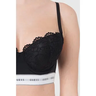 Guess, Sutien balconette cu insertii de dantela, Negru, Alb, 36B