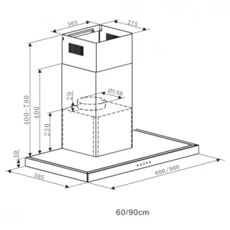Hota incorporabila decorativa Heinner DCH-6590TIX, Putere absorbtie 623.9 m3/h, 1 motor, 90 cm, Control touch, Timer, Inox + front sticla neagra