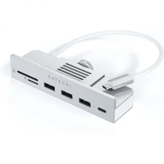 Зажимной концентратор Satechi USB-C для iMac 24 дюймов 2021 г. / 1x USB-C до 5 Гбит/с, 3x USB-A 3.0 до 5 Гбит/с, Micro/SD, серебристый