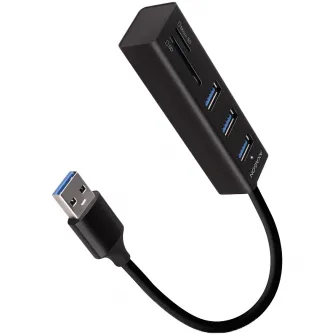 AXAGON HMA-CR3A USB-концентратор, 3.2 Gen 2, с 3 портами USB-A и устройством чтения карт SD/microSD, кабель 20 см, черный