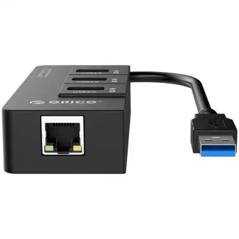 Hub USB Orico HR01-U3-V1-BK-PRO, 3 port-uri USB 3.0 si 1 port RJ45 Gigabit, cablu 30 cm
