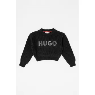 HUGO, Pulover crop cu logo, Negru, Argintiu, 126 CM