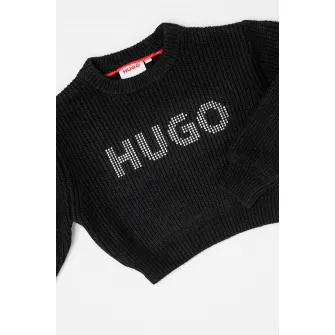 HUGO, Pulover crop cu logo, Negru, Argintiu, 126 CM