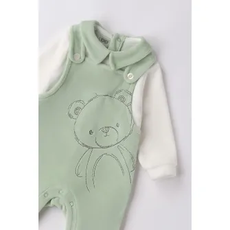 IDO, Salopeta cu model 2 in1 si aspect texturat de catifea, Alb, Verde pal, 80 CM