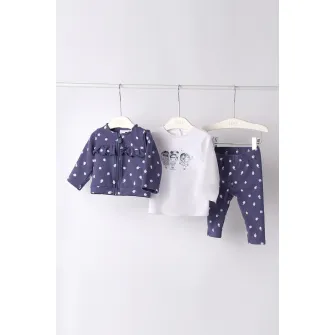 IDO, Set de bluza cu pantaloni si cardigan cu fermoar - 3 piese, Alb optic, Bleumarin, 56 CM