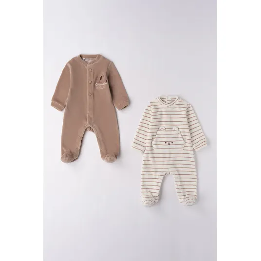 IDO, Set de salopete din amestec de bumbac - 2 piese, Alb fildes, Maro deschis, 74 CM