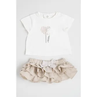 IDO, Set de tricou si fusta cu imprimeu - 2 piese, Alb, Maro taupe deschis, 56 CM
