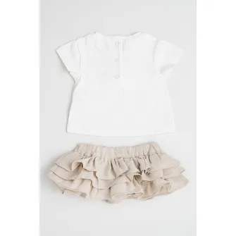 IDO, Set de tricou si fusta cu imprimeu - 2 piese, Alb, Maro taupe deschis, 56 CM