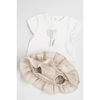 IDO, Set de tricou si fusta cu imprimeu - 2 piese, Alb, Maro taupe deschis, 56 CM