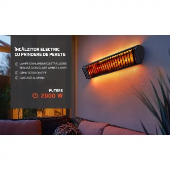 Incalzitor electric de perete Heinner, putere 2000 W, lampa chihlimbar cu stralucire redusa, incalzire instantanee